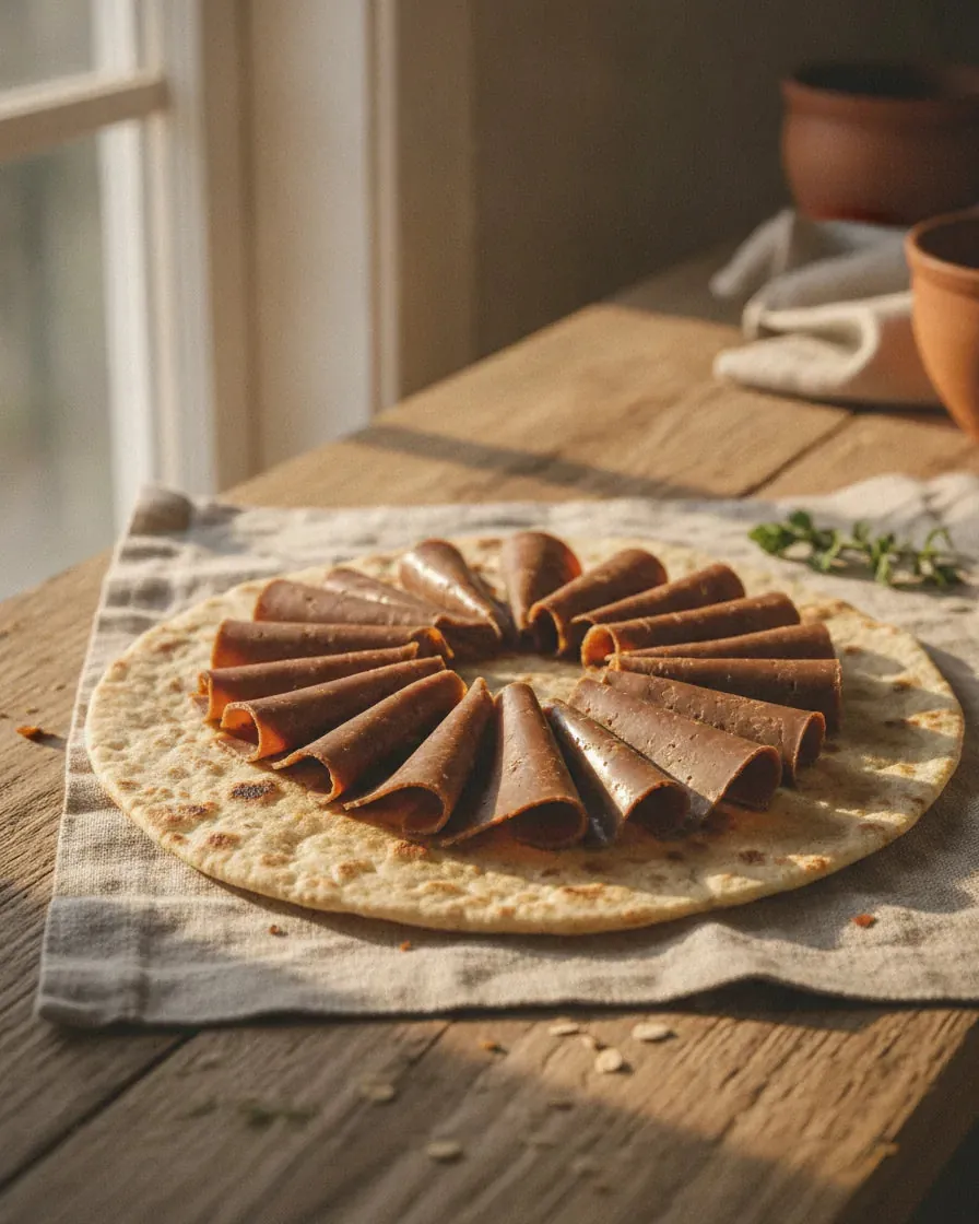 Tynne skiver brunost på flatbrød